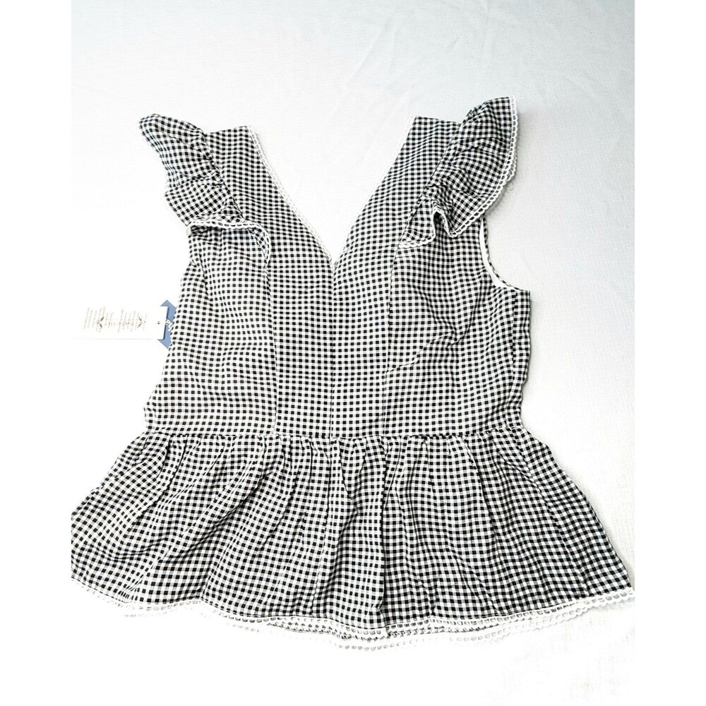 Nanette Lepore Black White Gingham Ruffle Peplum Top Blouse Size M Babydoll - Picture 5 of 11